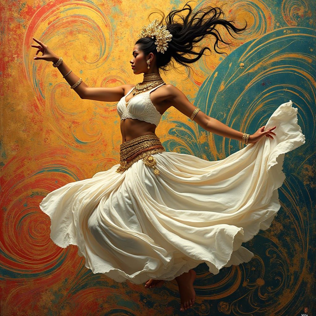 Balinese Dancer in Dynamic Pose, Art Nouveau & Vibrant Color...