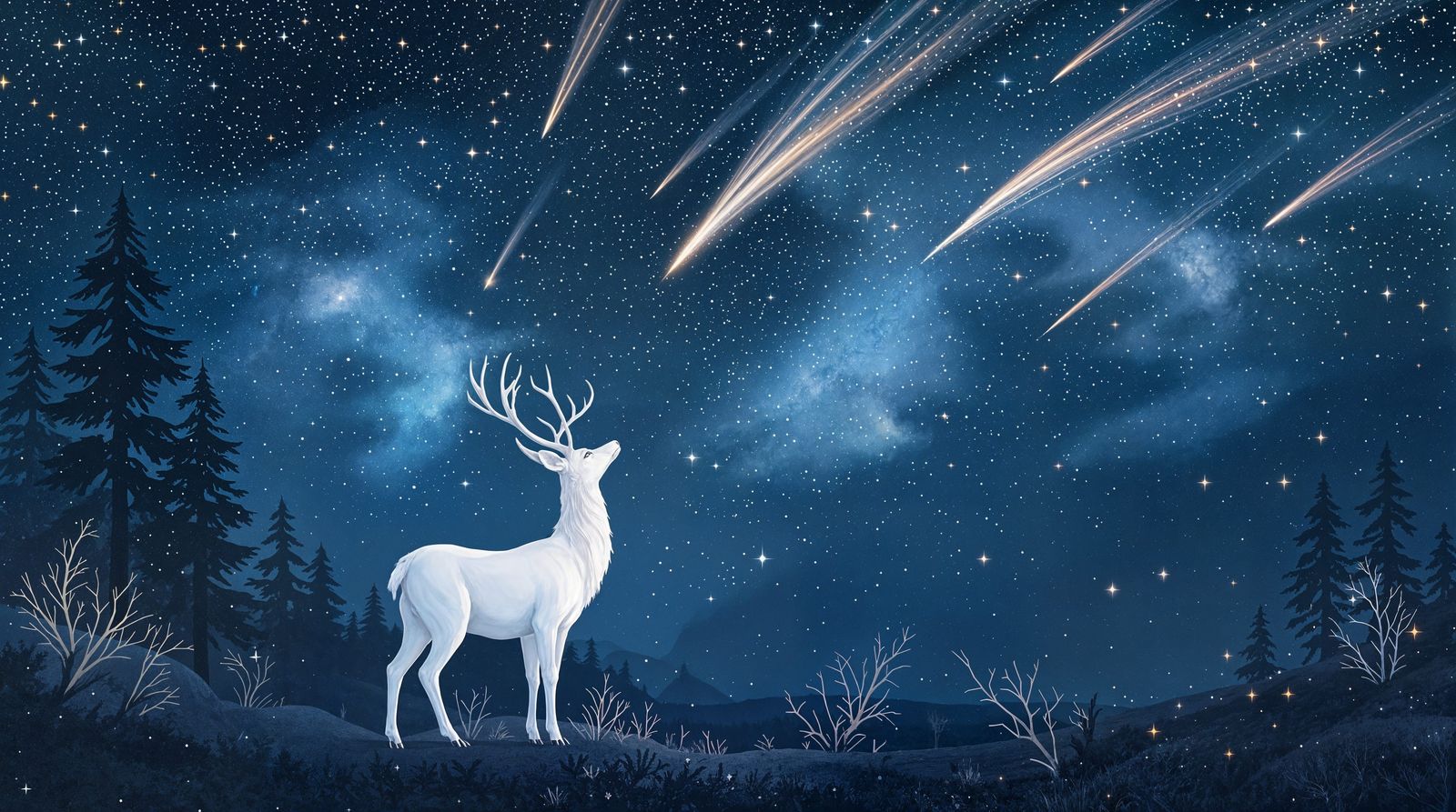 Dreamy Night Sky with a Majestic White Deer