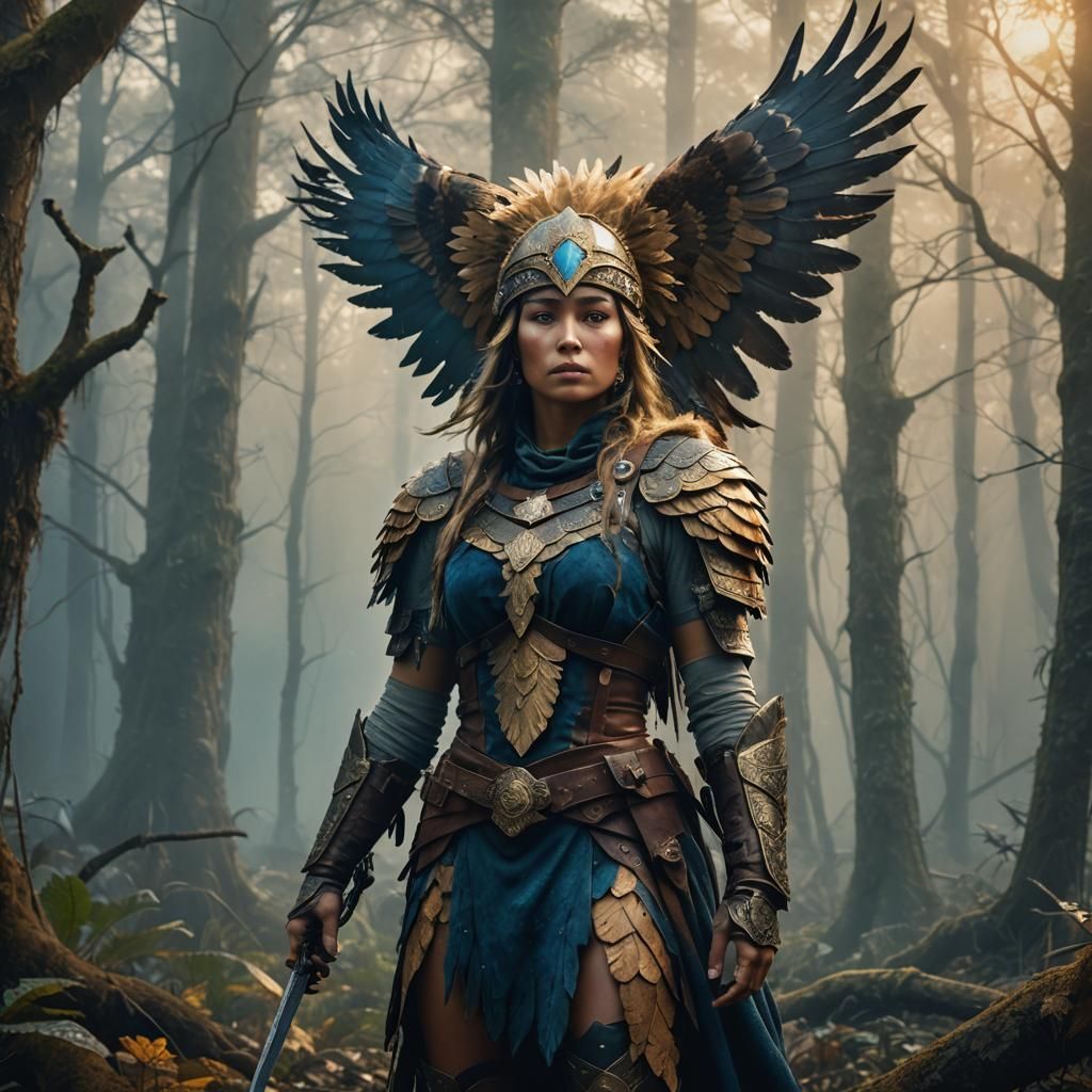 Woman in Eagle Skin Headdress in Misty Forest