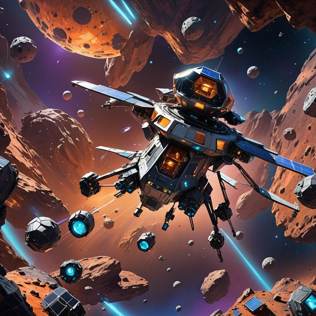 Spacecraft Orbiting Asteroid in Neon Sci-Fi Scene