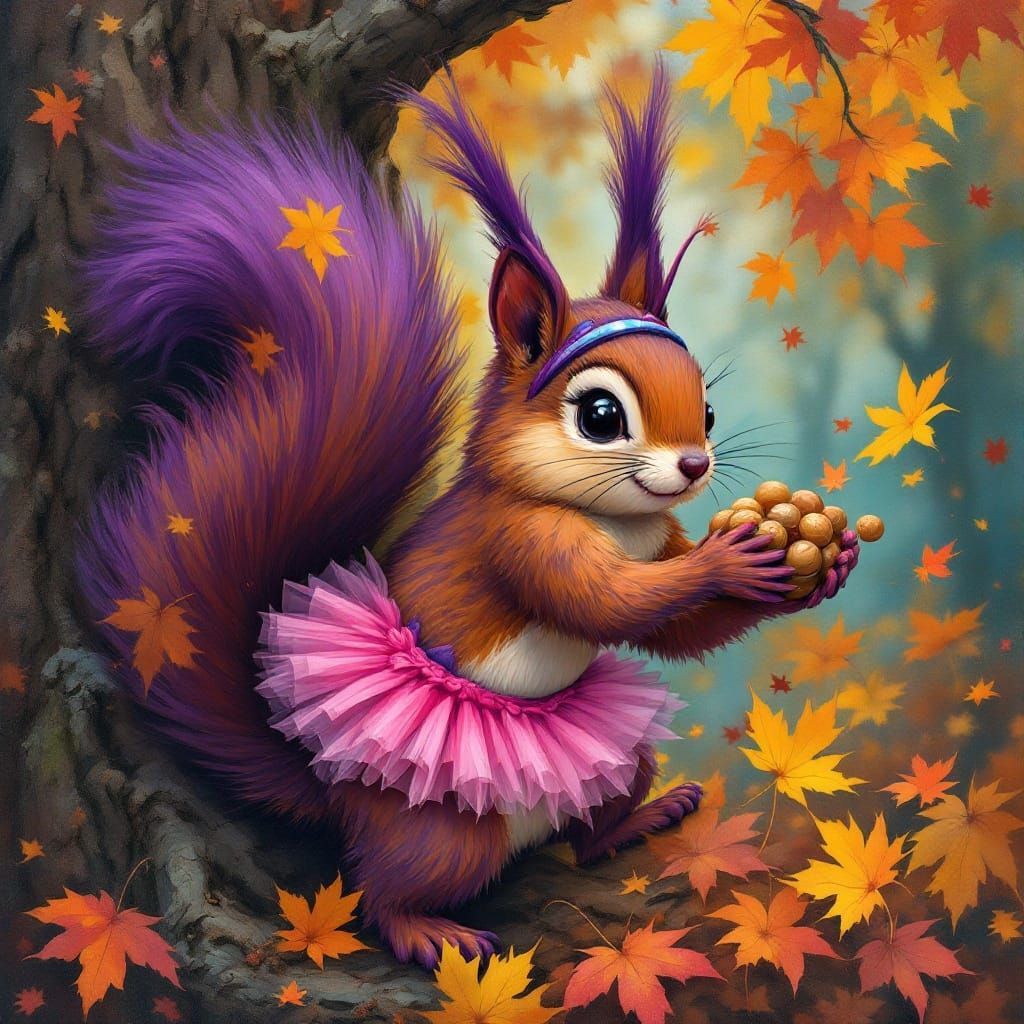 Brown Squirrel in Whimsical Graffiti Art Style Climbs Tree t...