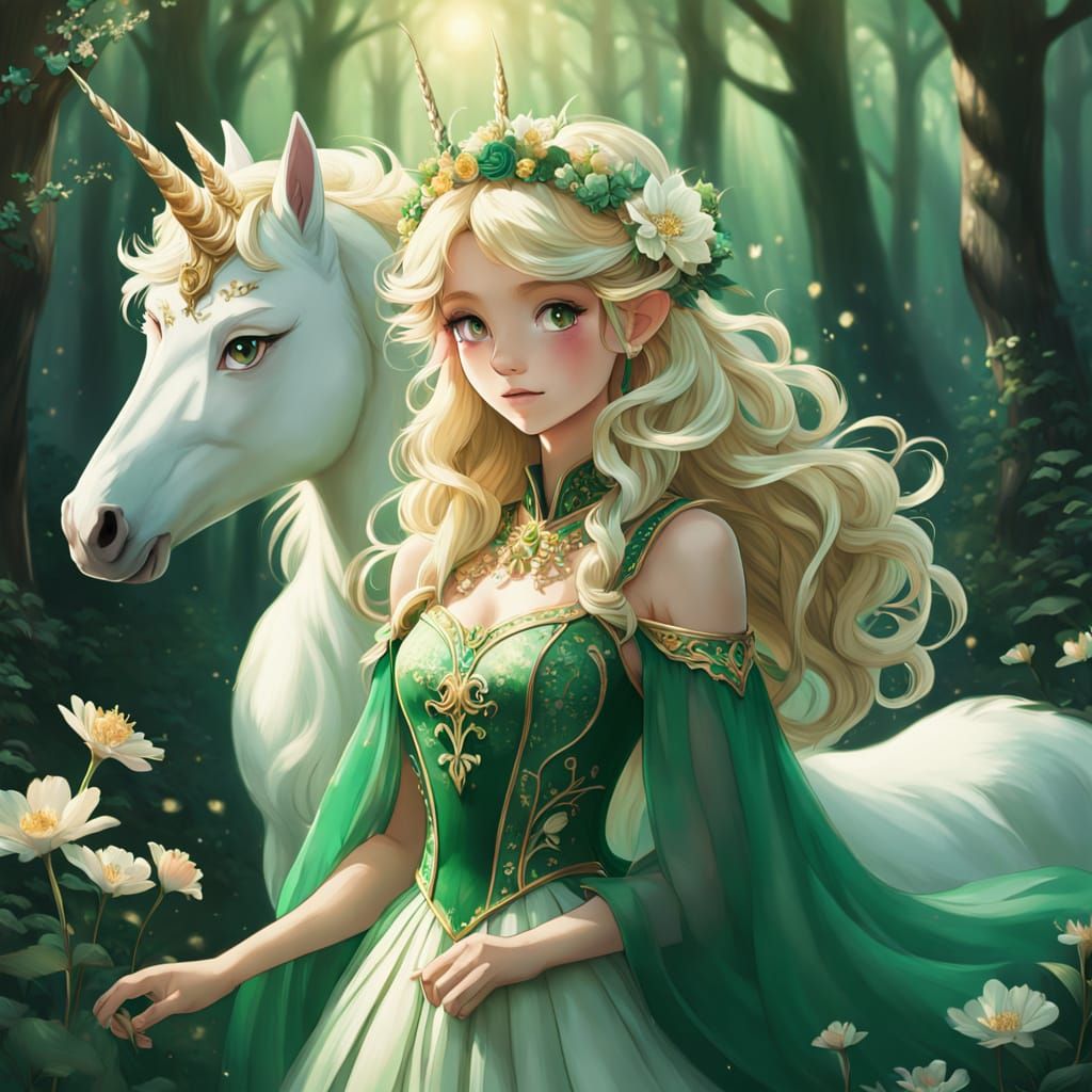 Charming Forest Fairy with Unicorn in Anime Style