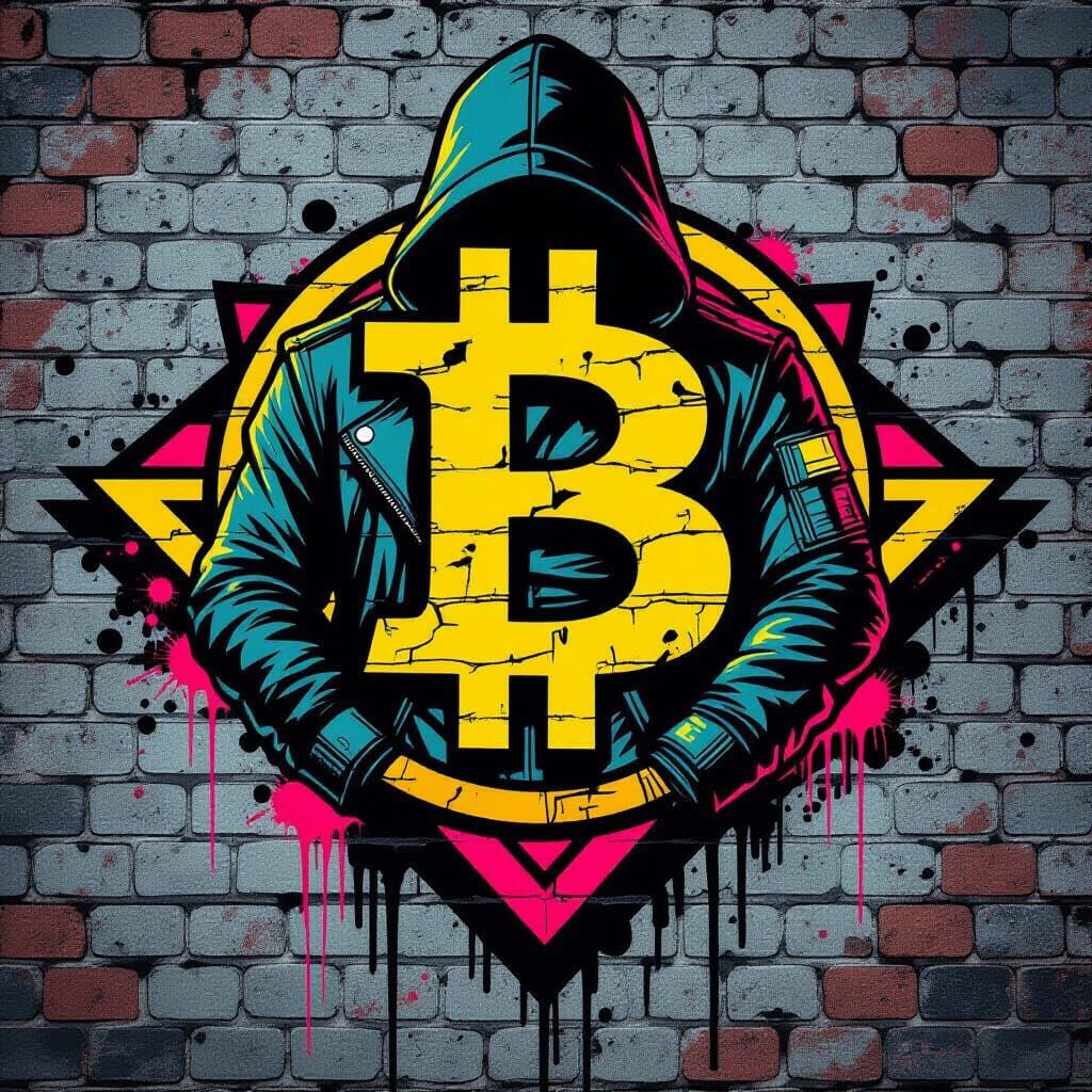 Bitcoin Superhero Emblem Graffiti on Brick Wall