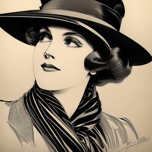 Elegant Woman with Cateye Glasses in Pen-and-Ink