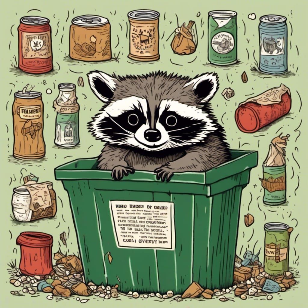 Raccoon by Dumpster in Woodcut Style