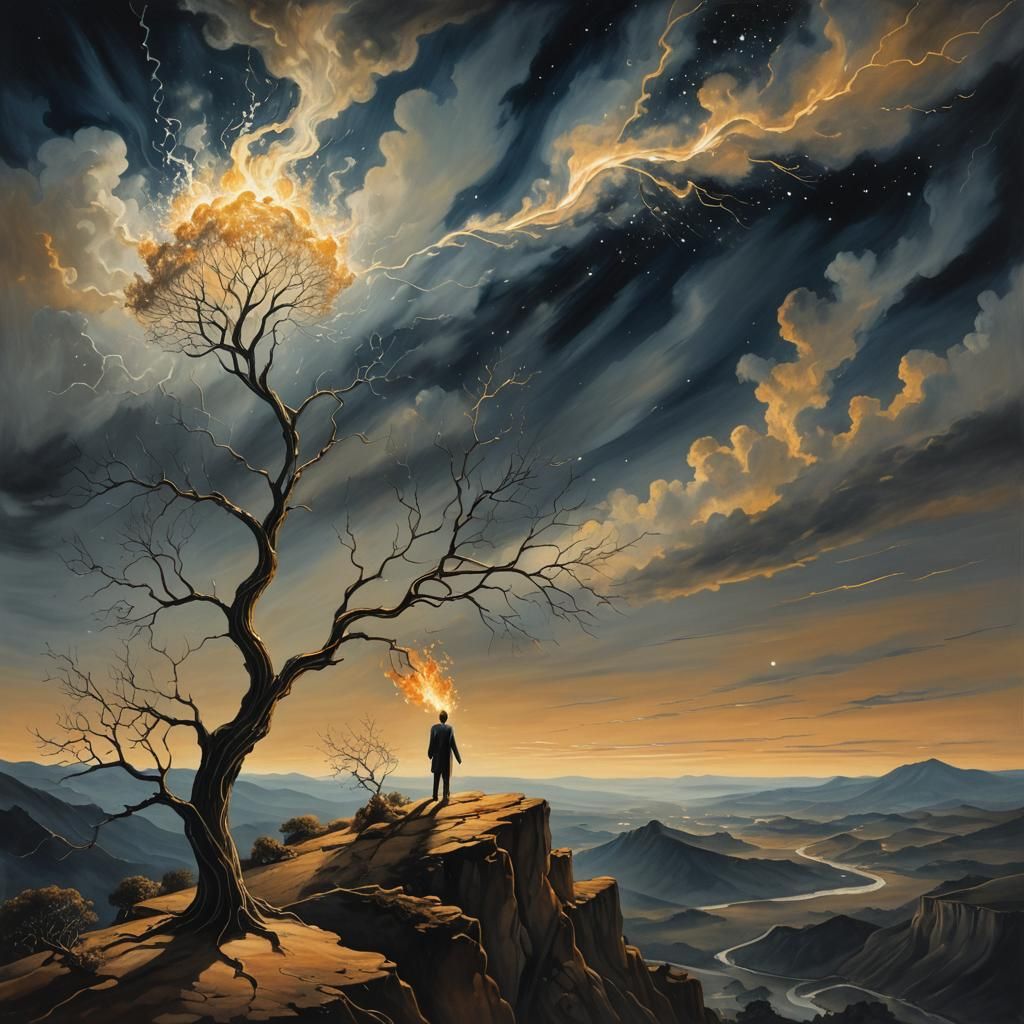 Surreal Cosmic Landscape with Figure Holding Flame