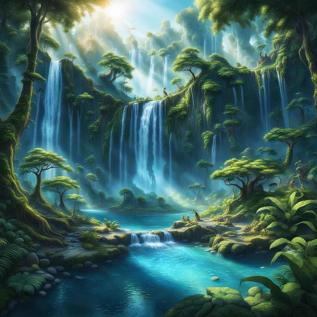 Enchanting Waterfalls in Vibrant Fantasy Landscape