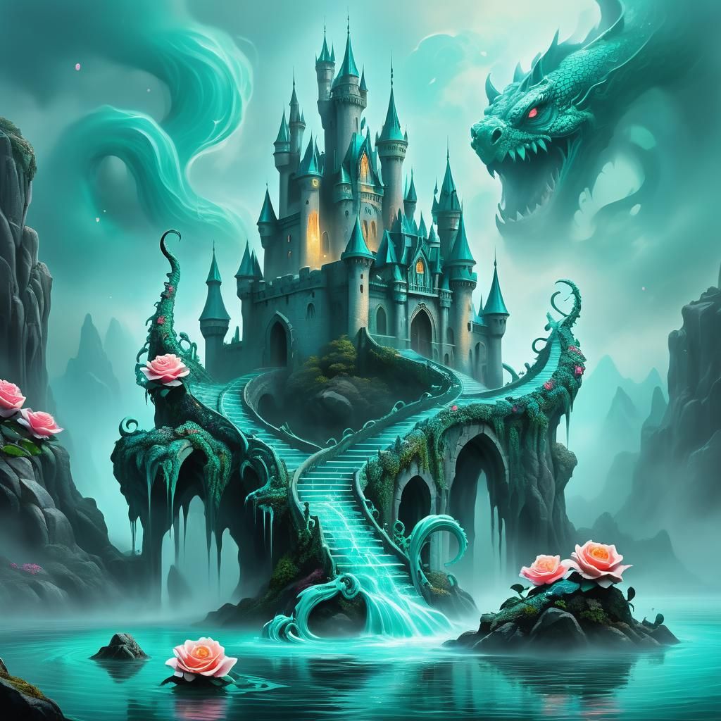 Teal Rose Castle with Serpentine Monster: Fantasy Art