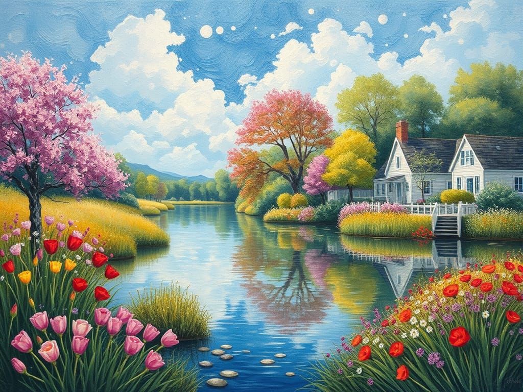 Whimsical Cottage Scene in Vibrant Impasto Style