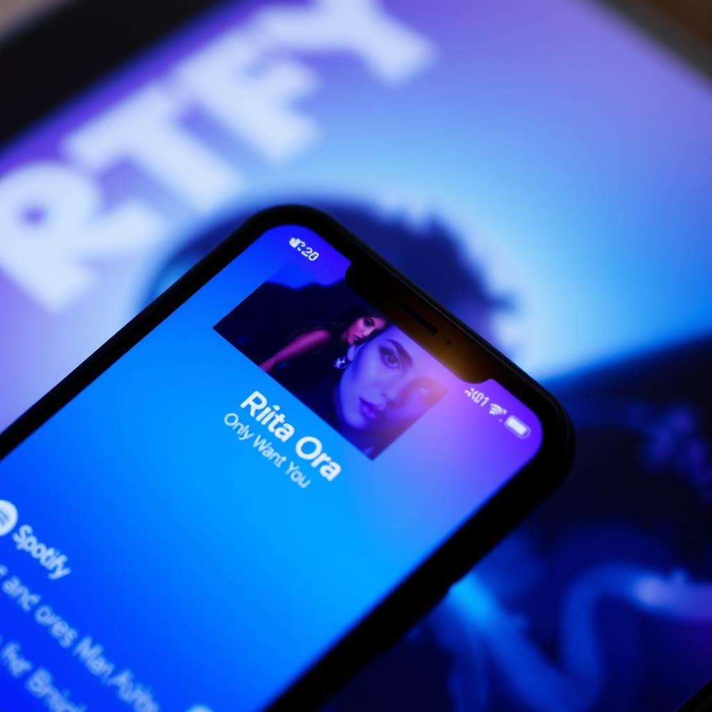 Rita Ora's Song Title on Spotify in a Neon Digital Art Style