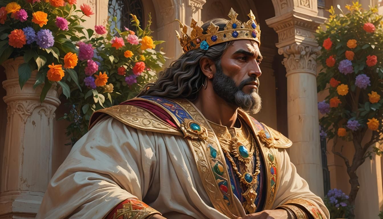 King Solomon on Palace Balcony in Hyperrealism