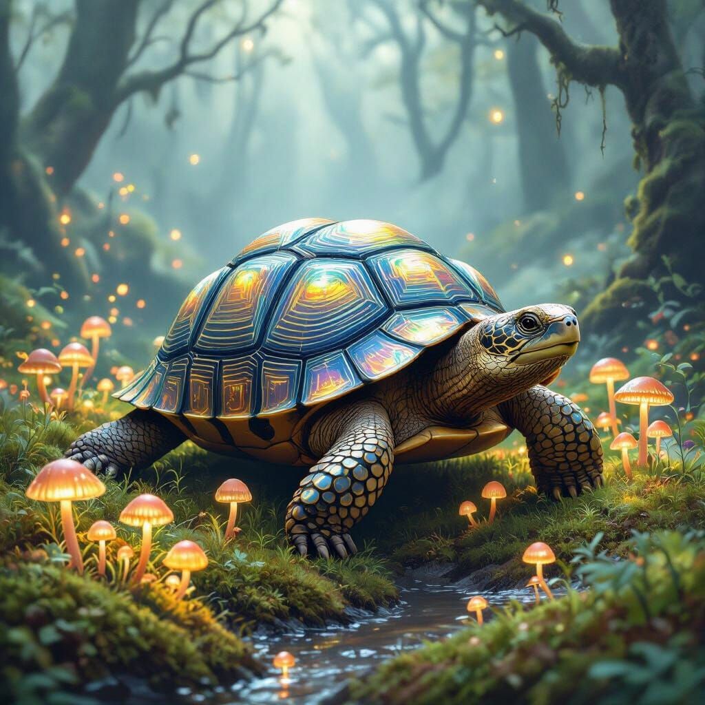Tortoise Crossing Glowing Mushroom Field in Fantasy Art