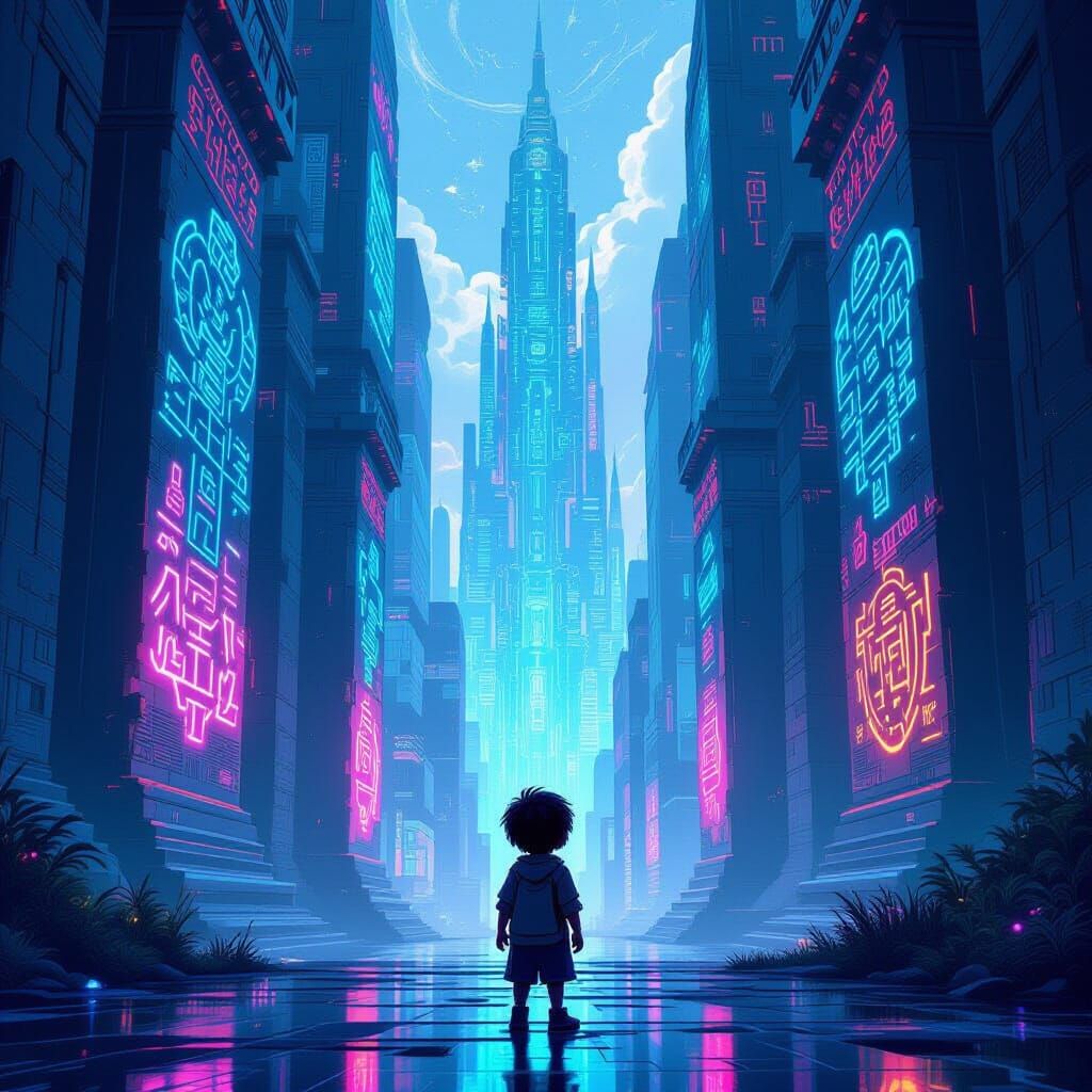 Child Amazed by Alien City Walls with Glowing Graffiti