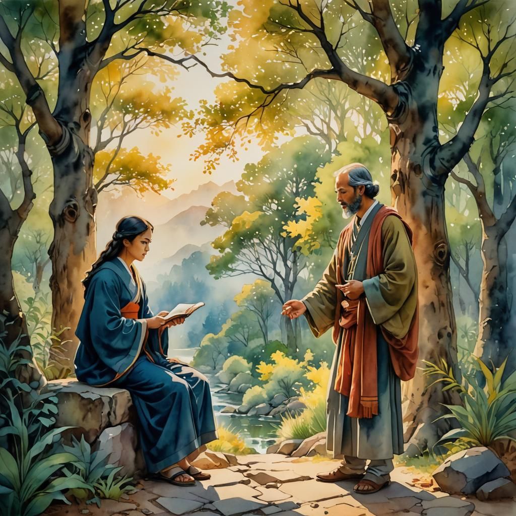 Teacher and Disciple Share Wisdom in Watercolor Painting