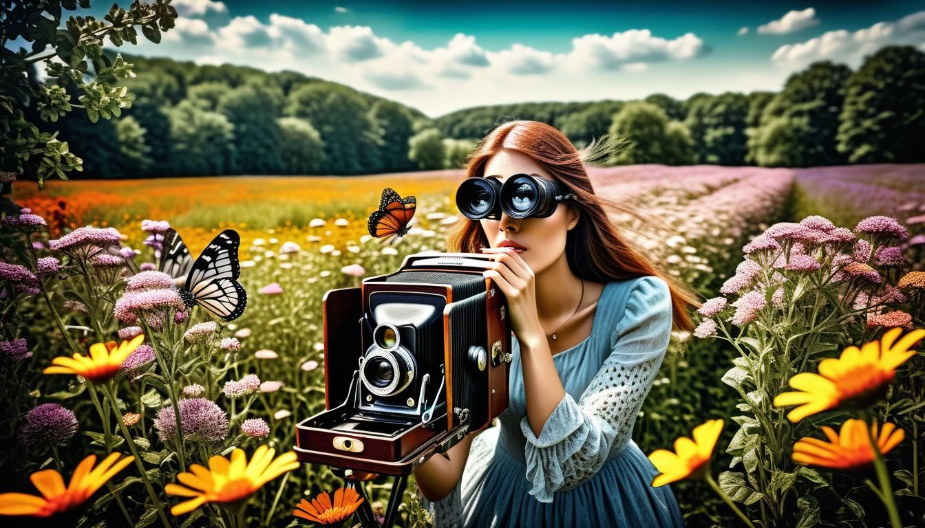 Woman Photographing Flowers with Antique Camera