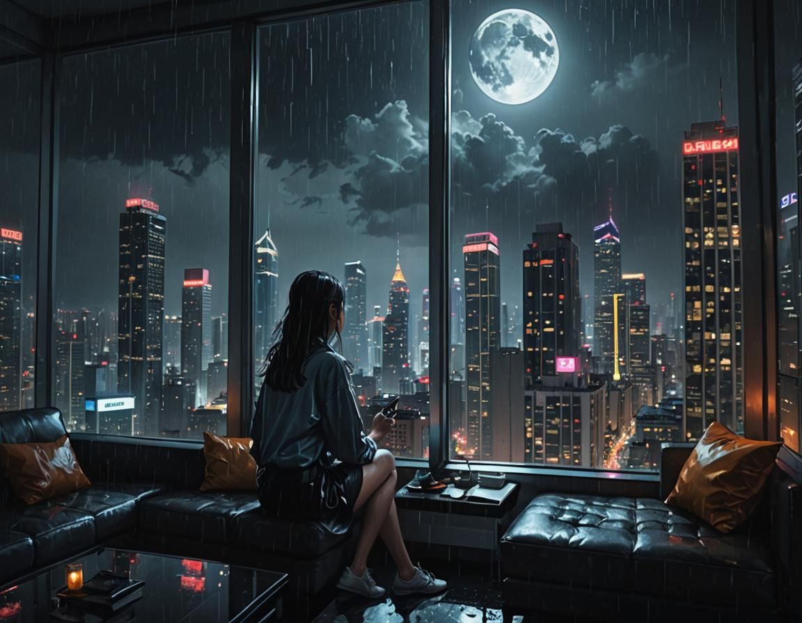 Rainy Cityscape Reflection in High-Rise Window