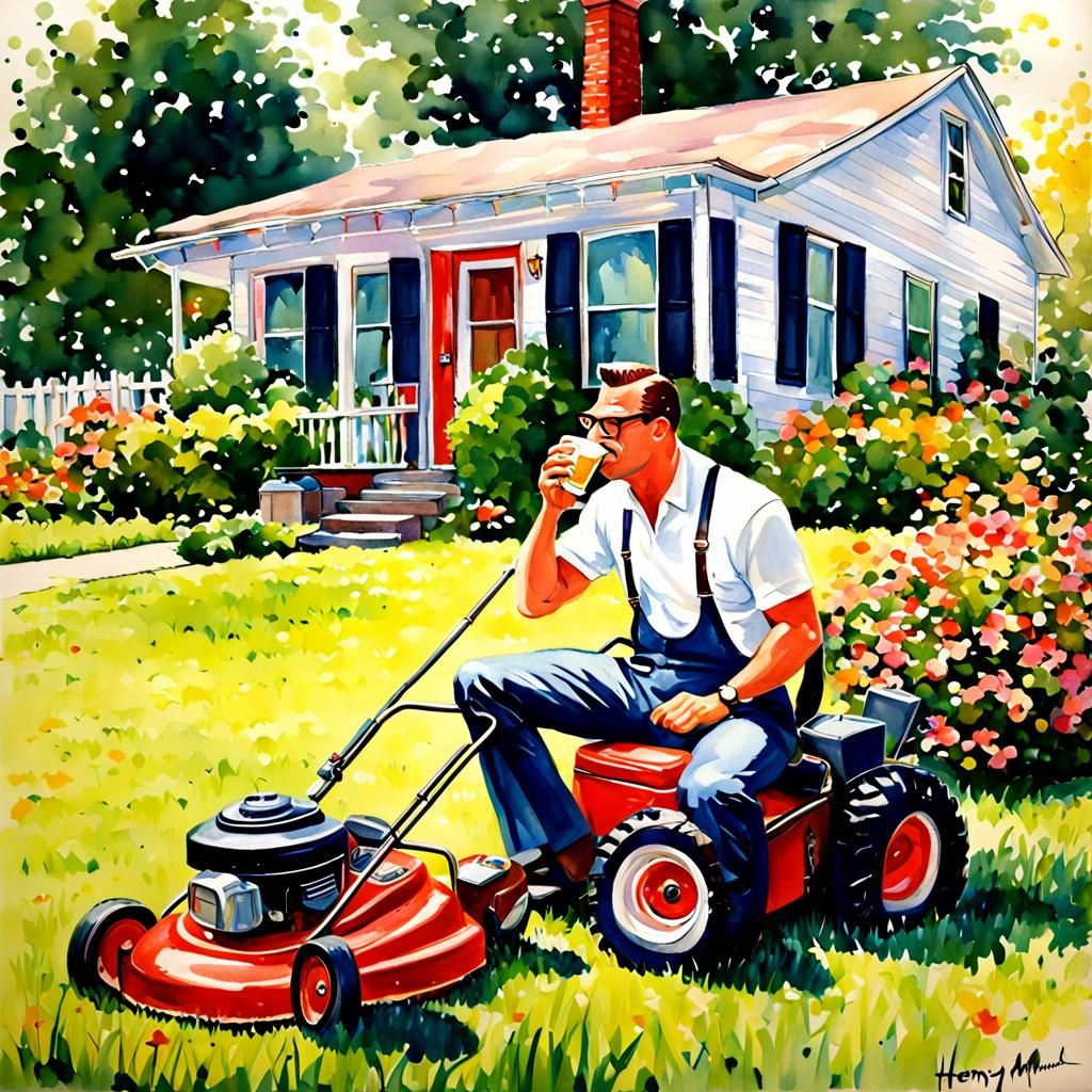 Man Mowing Lawn, 1960s Suburban Scene, Watercolor