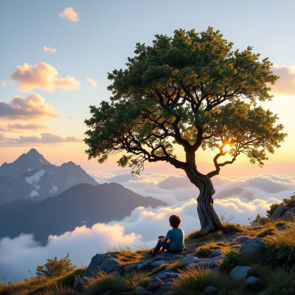 Boy Under Tree On Mountain Peak At Golden Hour