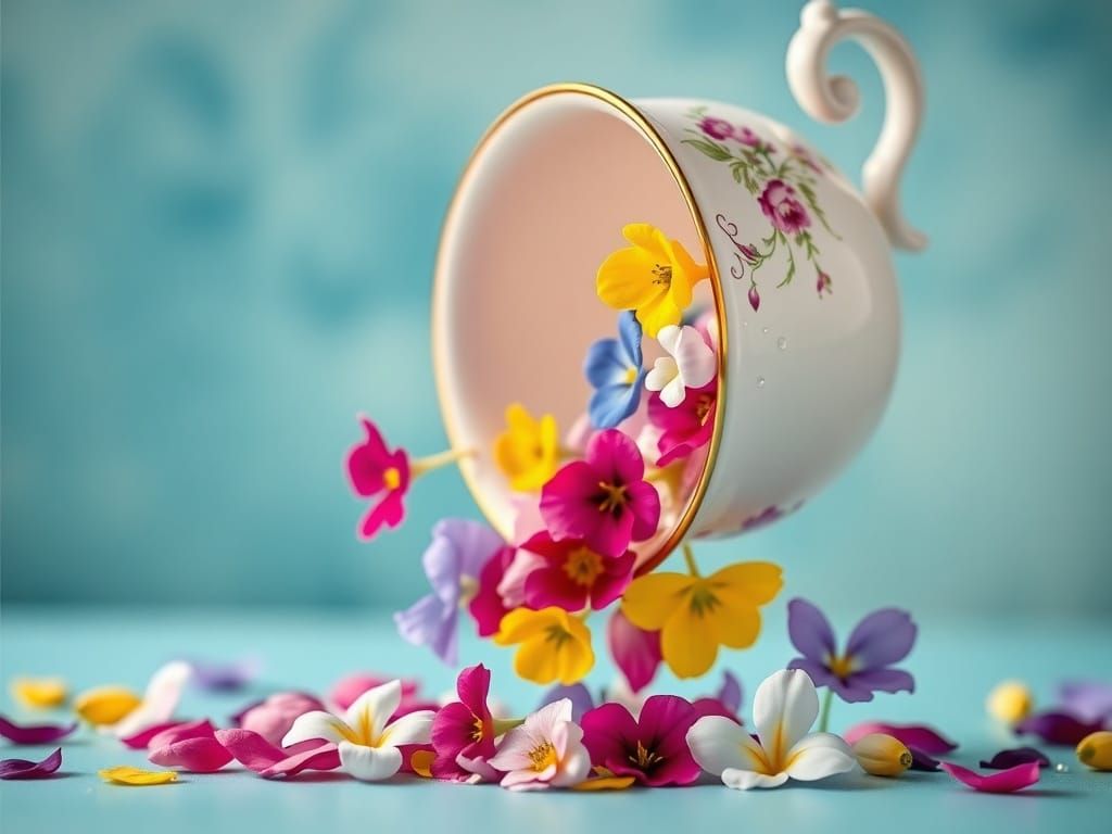 Porcelain Teacup Overflowing with Colorful Flowers