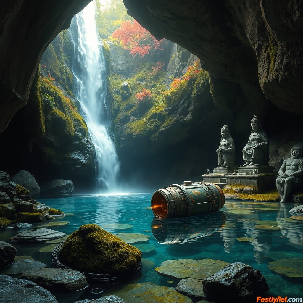Hidden Grotto with Time Machine, Photorealistic Concept Art