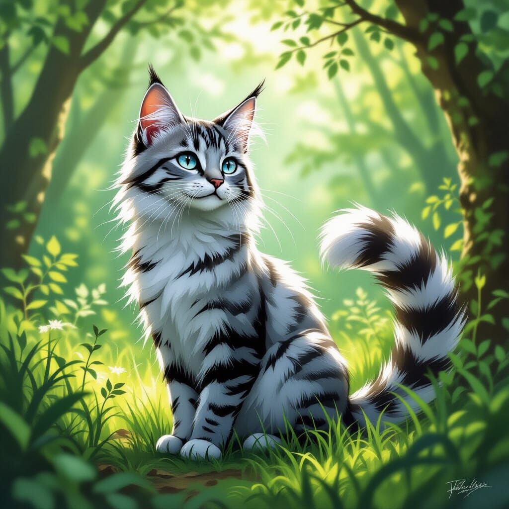 Silver Tabby Cat Feathertail in Forest Clearing