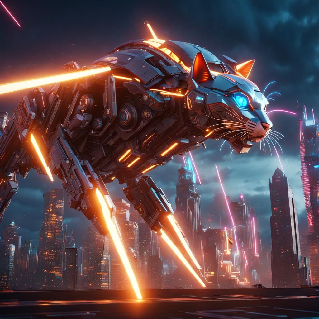 Giant Cyberpunk Cat Destroys City with Laser Eyes