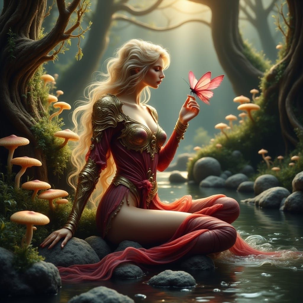 Warrior Woman With Butterfly in Enchanted Forest