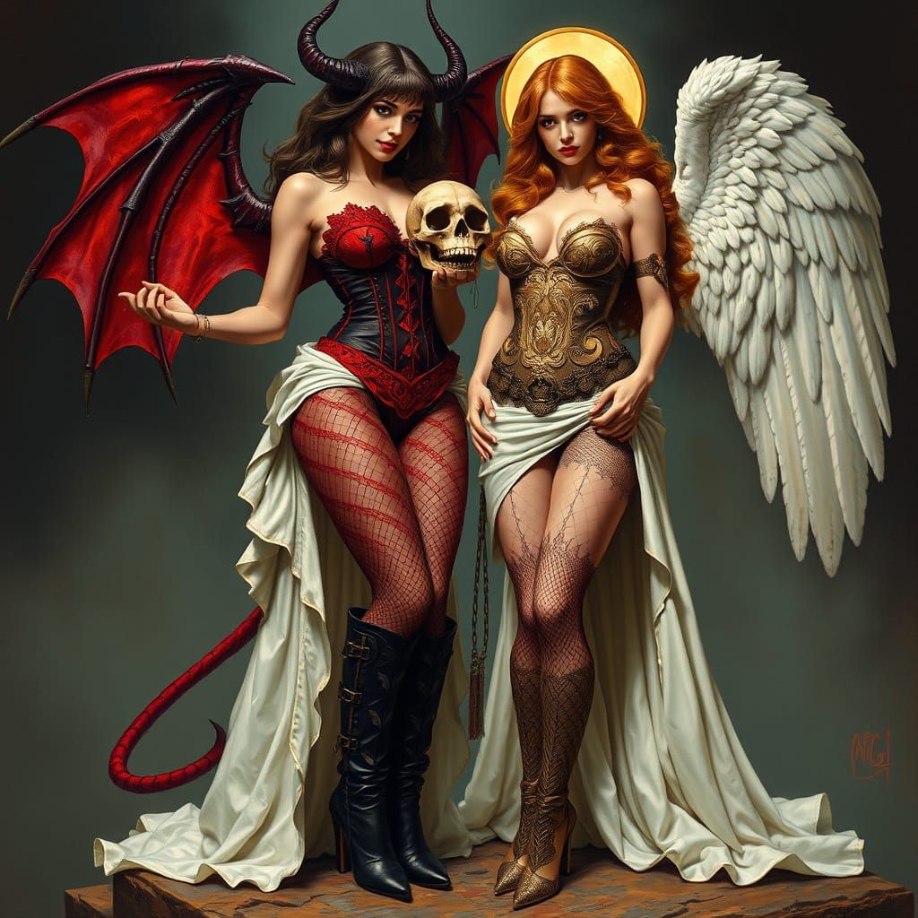 Voluptuous Demon and Angel in Pin-Up Style