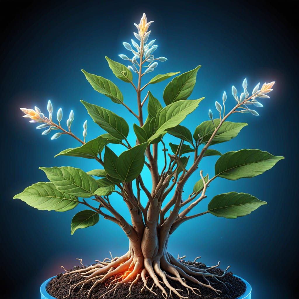 Scientific Illustration of Ashwagandha Roots and Leaves in a...