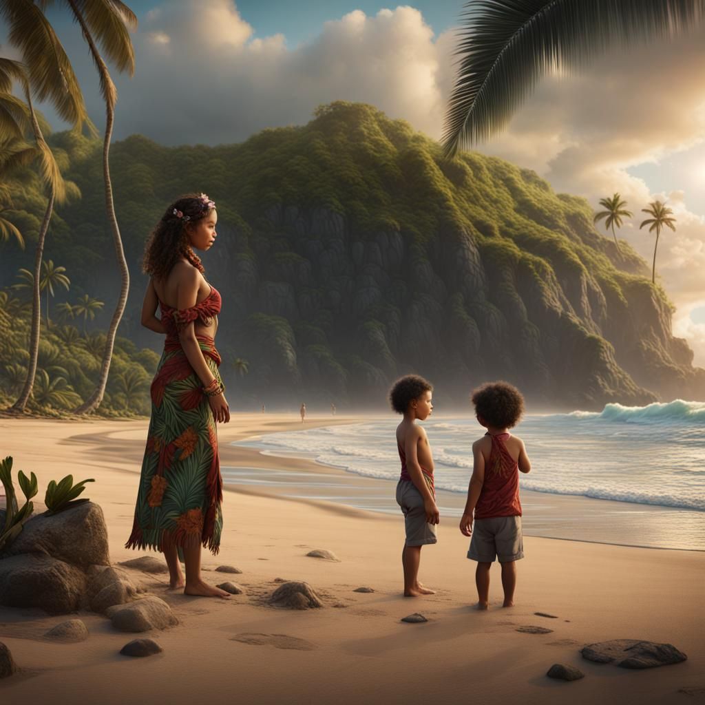 Hawaiian Beach Scene in Detailed Matte Painting Style