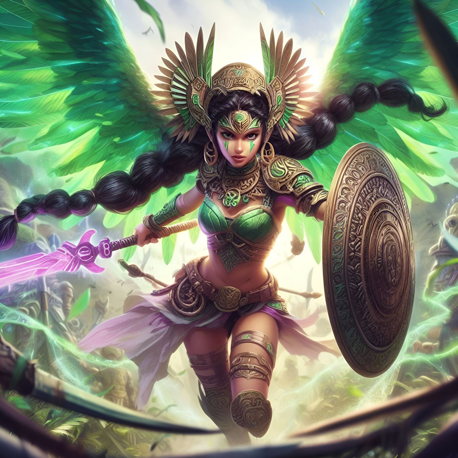 Aztec Warrior Girl Guardian with Sword and Shield