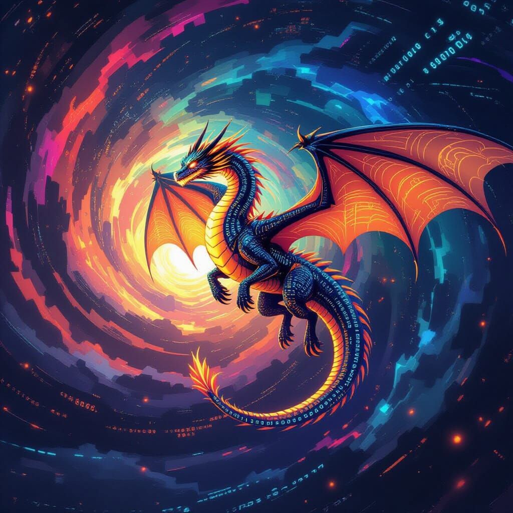 Binary Code Dragon Soars Through Digital Nebula