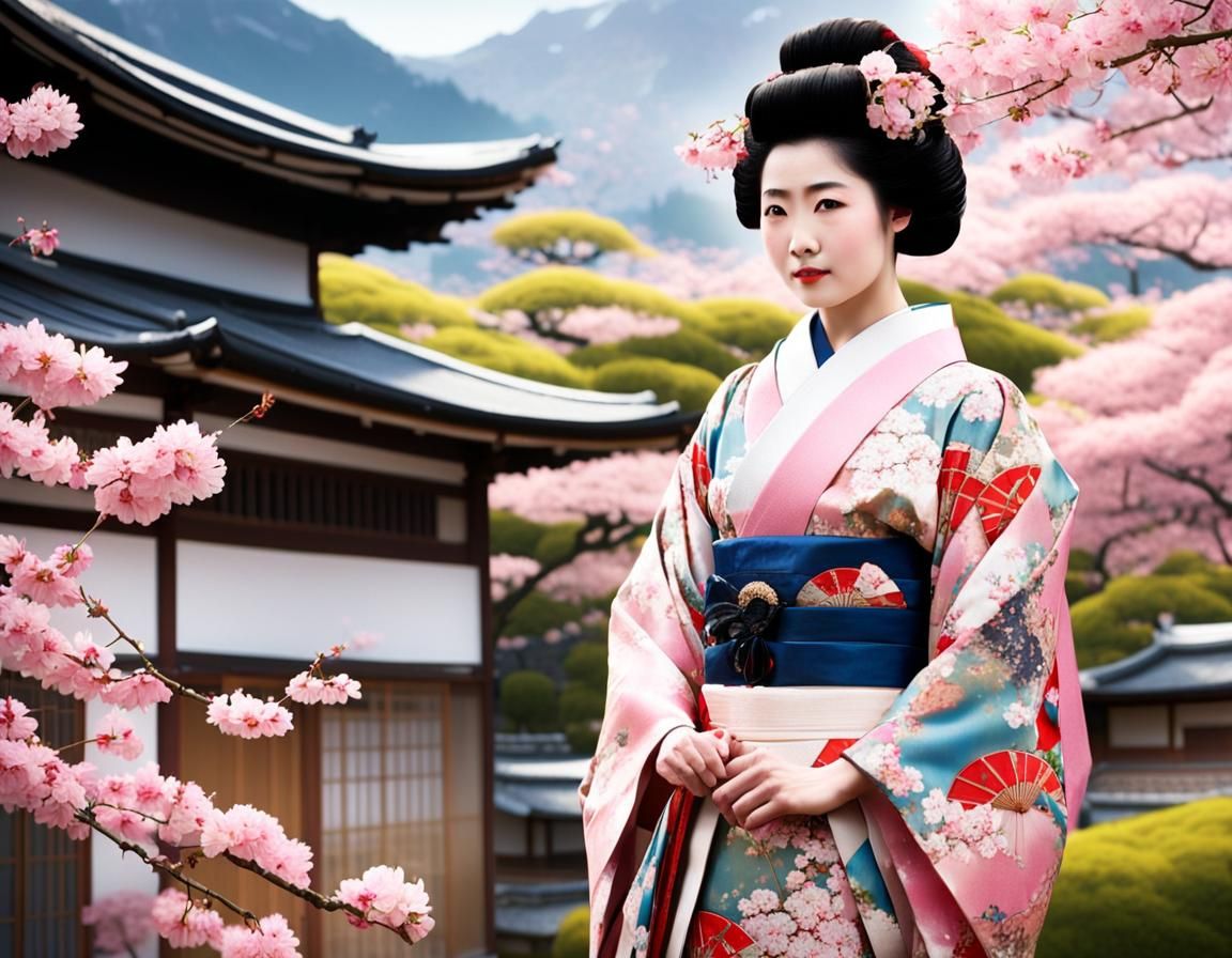 Geisha in Silk Kimono with Blooming Cherry Trees