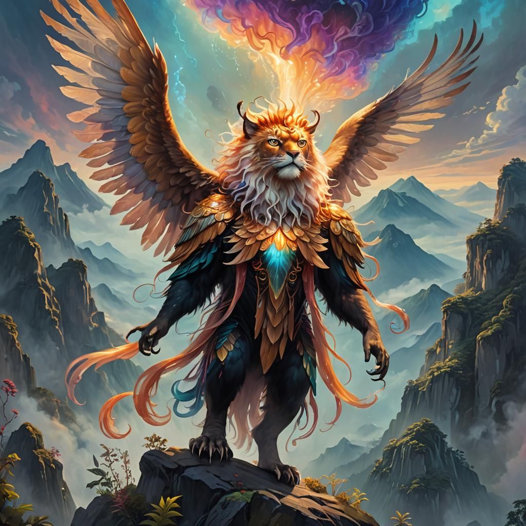 Fantastical Creature on Misty Peak as Digital Oil Painting
