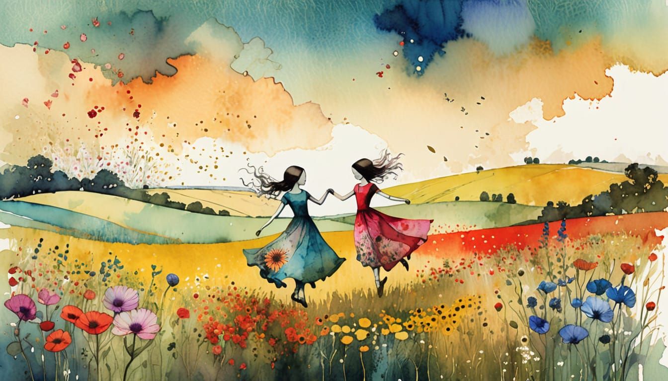 Two Young Girls Dancing Amidst Vibrant Flowers in a Watercol...