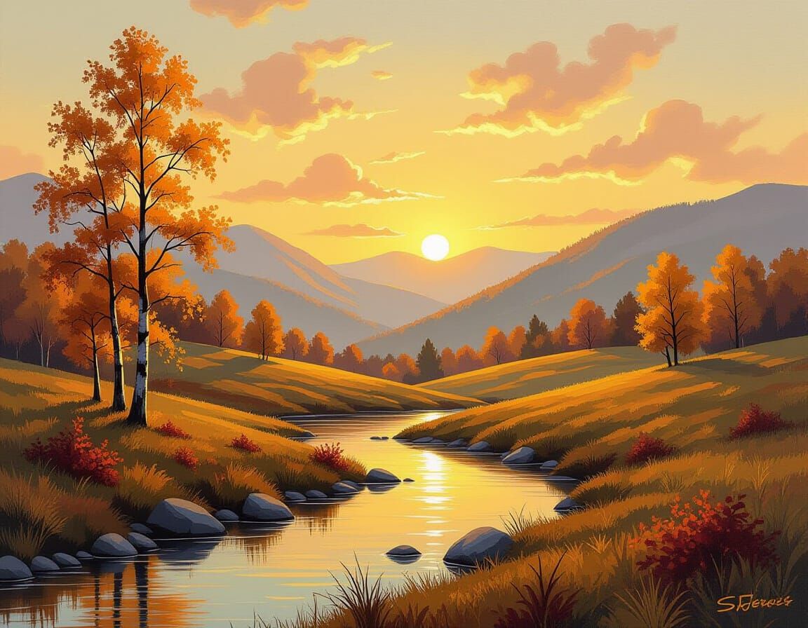 Serene Autumn Landscape with Golden Trees and Stream