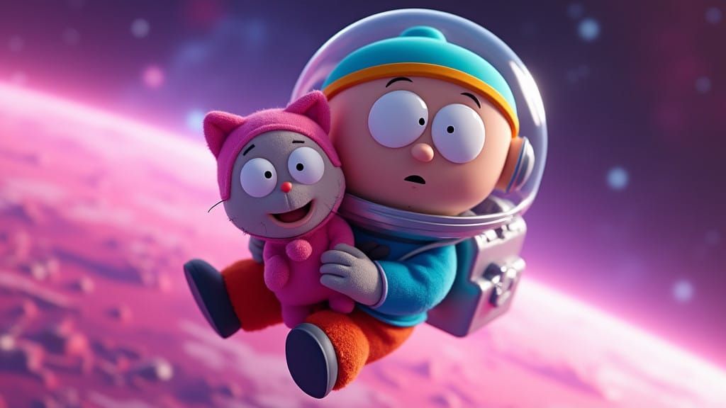 Cartman in Space with Mr. Kitty: Vibrant 4K Digital Art