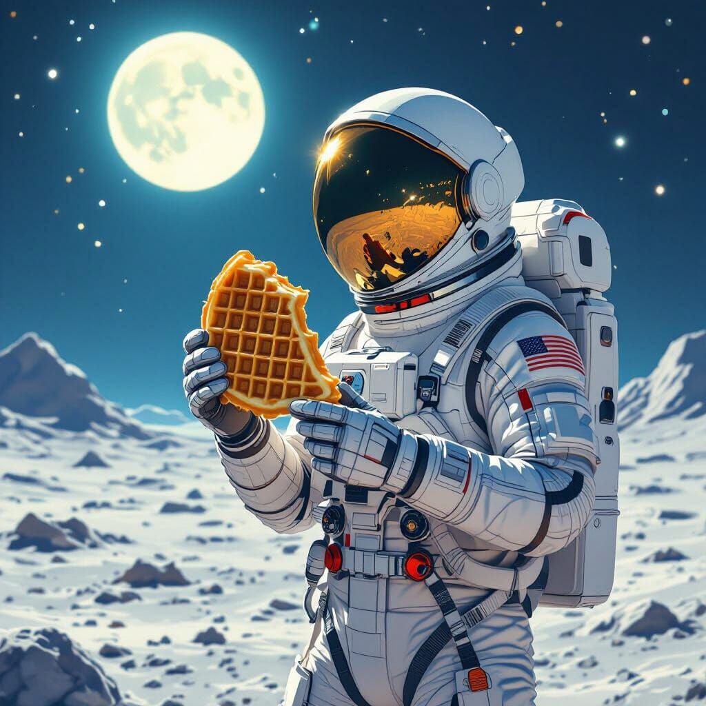 Astronaut Holds Waffle on Moon in Futuristic Style