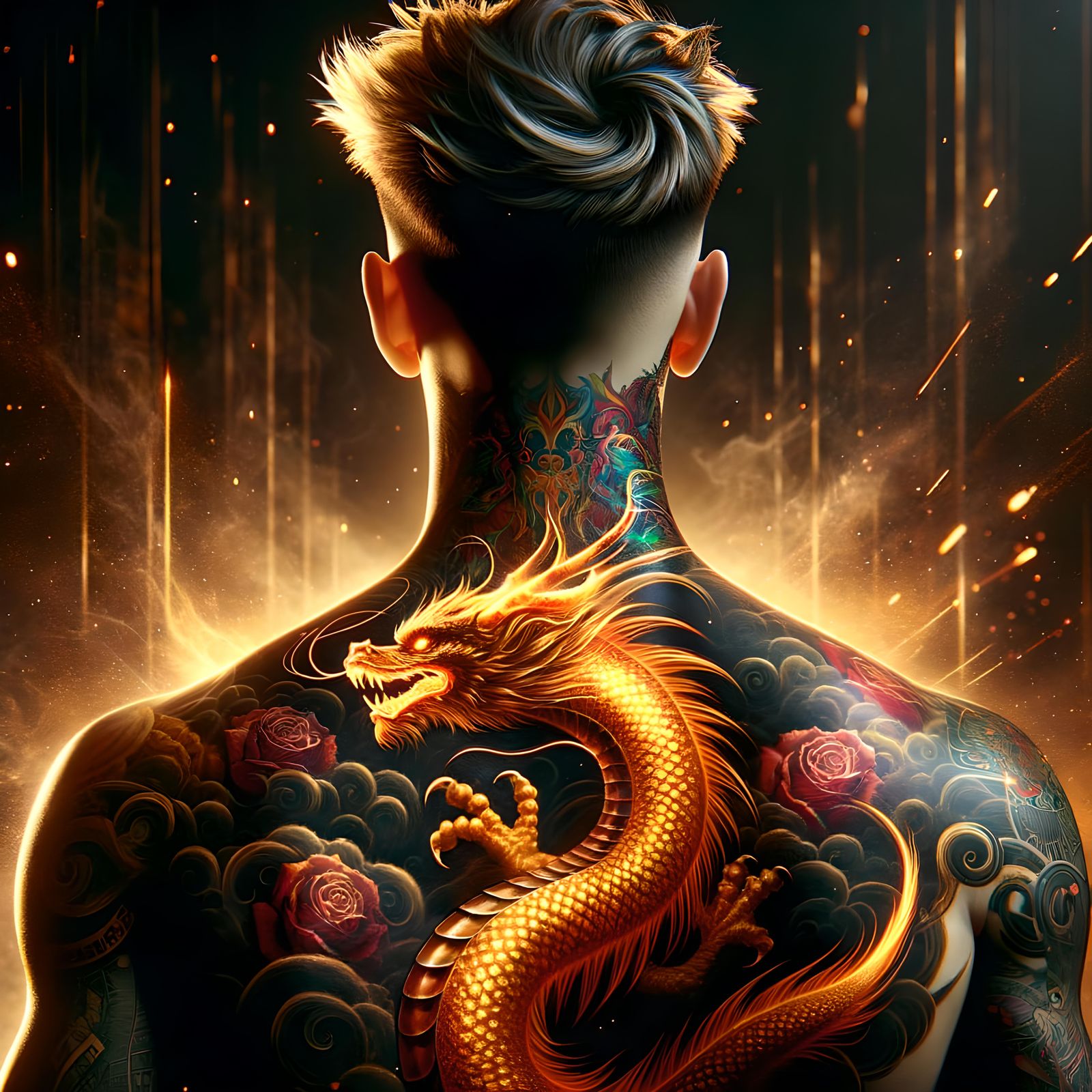 Golden Dragon Tattoo on Man, Hyperrealistic CGI