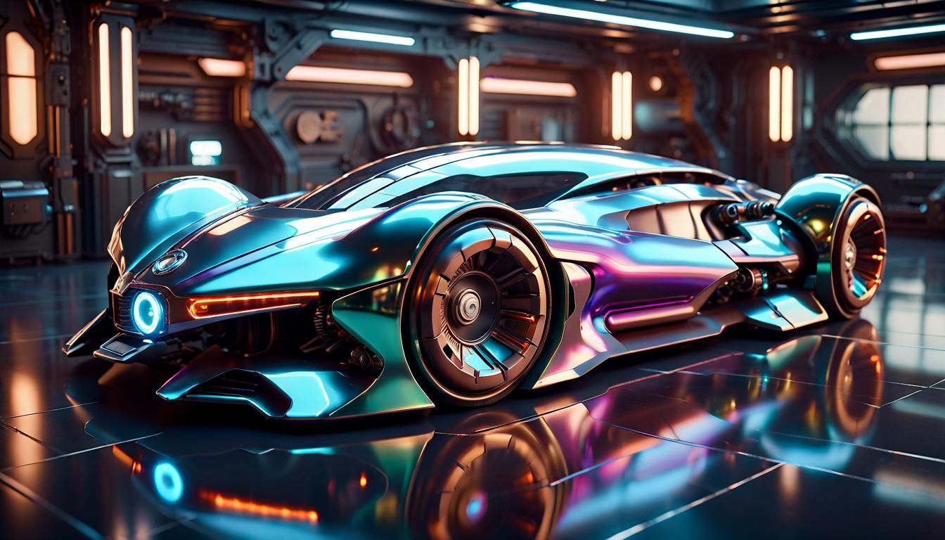 "detailed, Futuristic long sleek car, dark colourfull iridescent satin paint work, dark mech style showroom background, ...