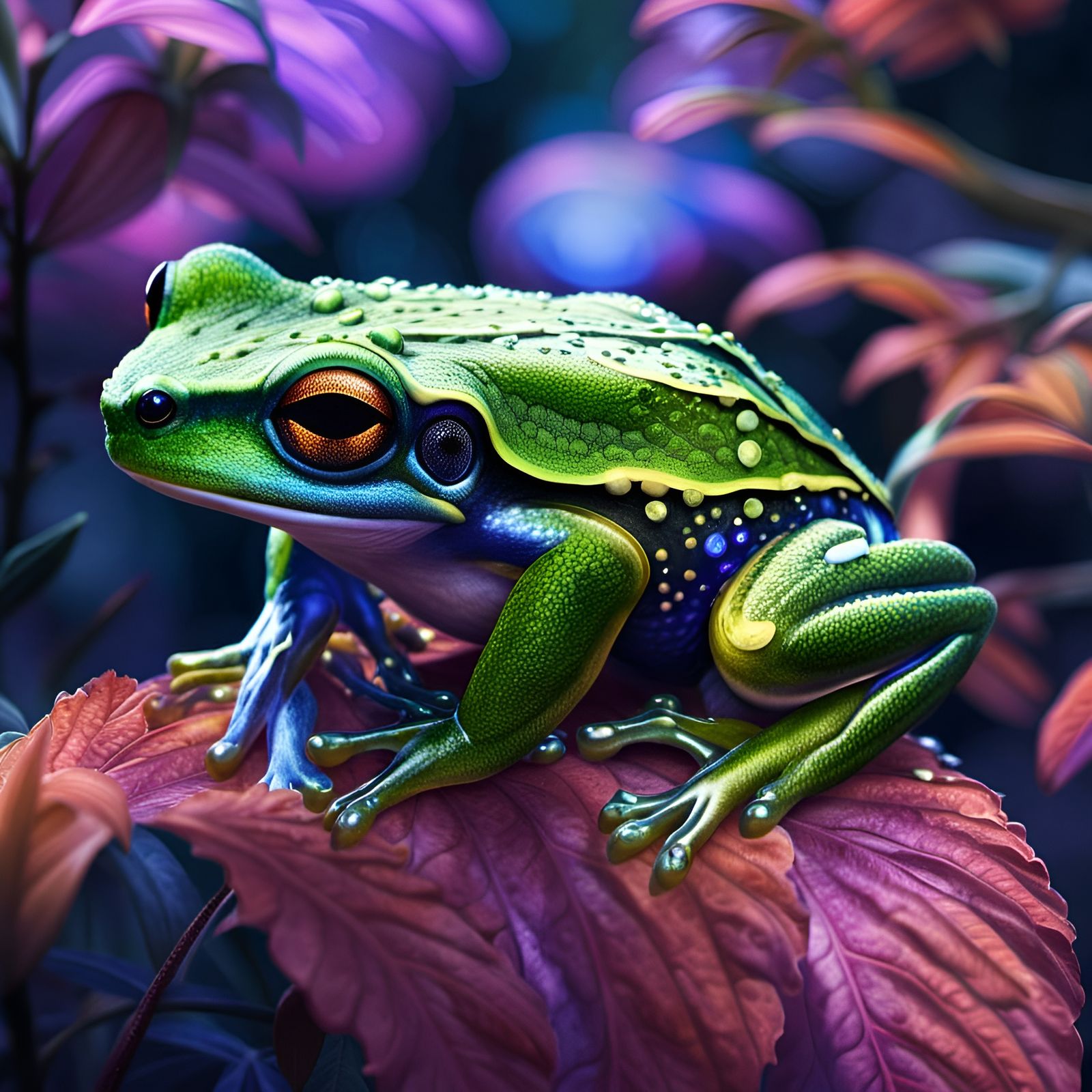 Bioluminescent Treefrog in Elven Palace: 3D Hyperrealism