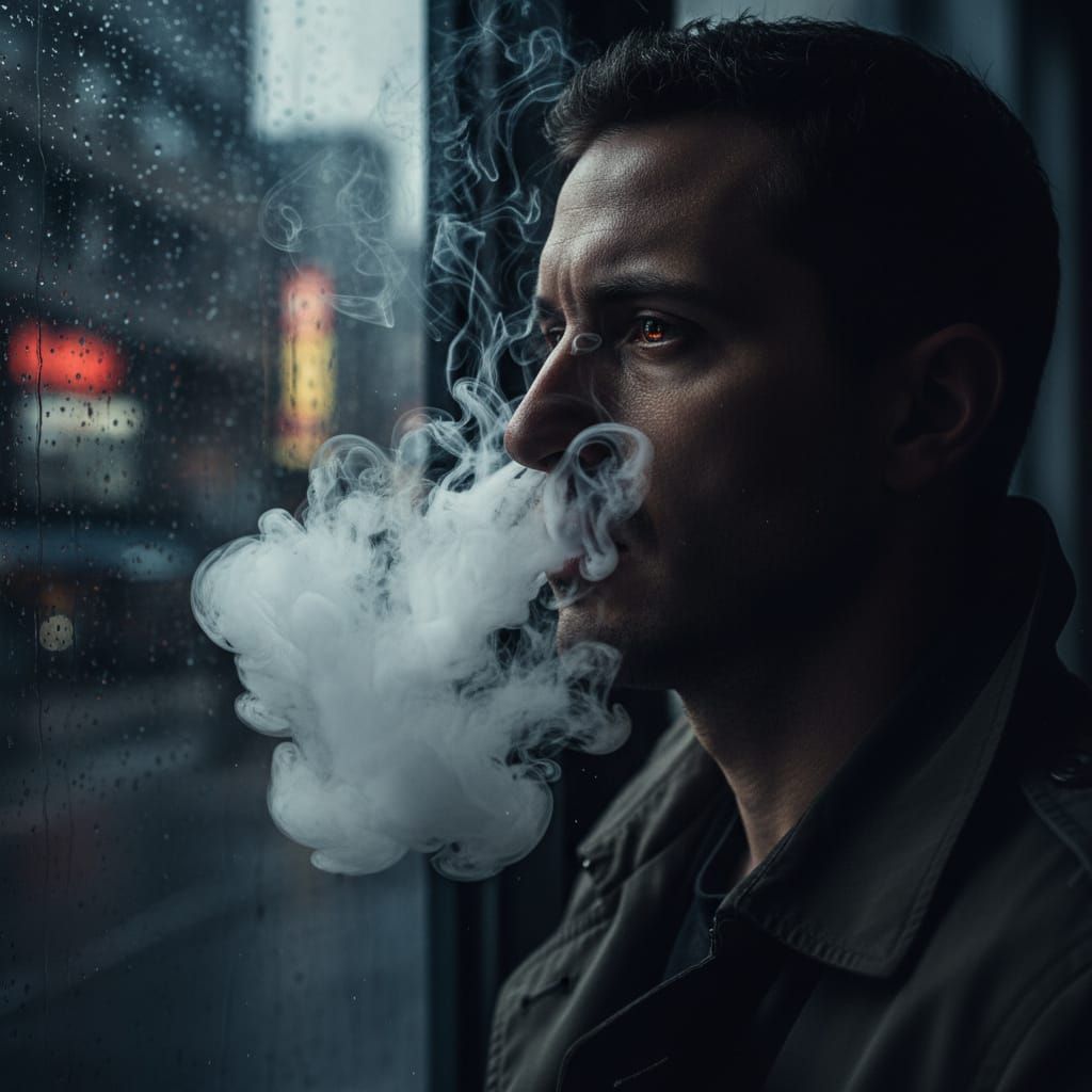 Cinematic Close-Up of Person Exhaling Dense Vapor Cloud
