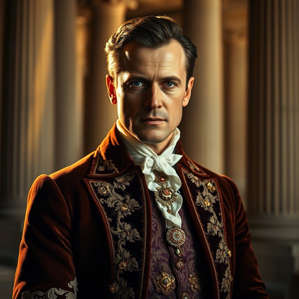 Aristocratic Gentleman in Velvet Coat with Classical Columns