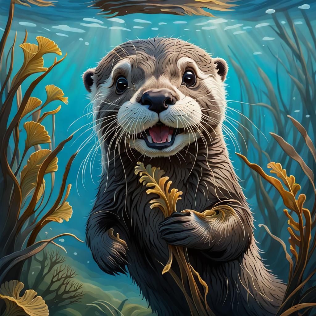 Playful Otter with Kelp: Detailed Animal Art