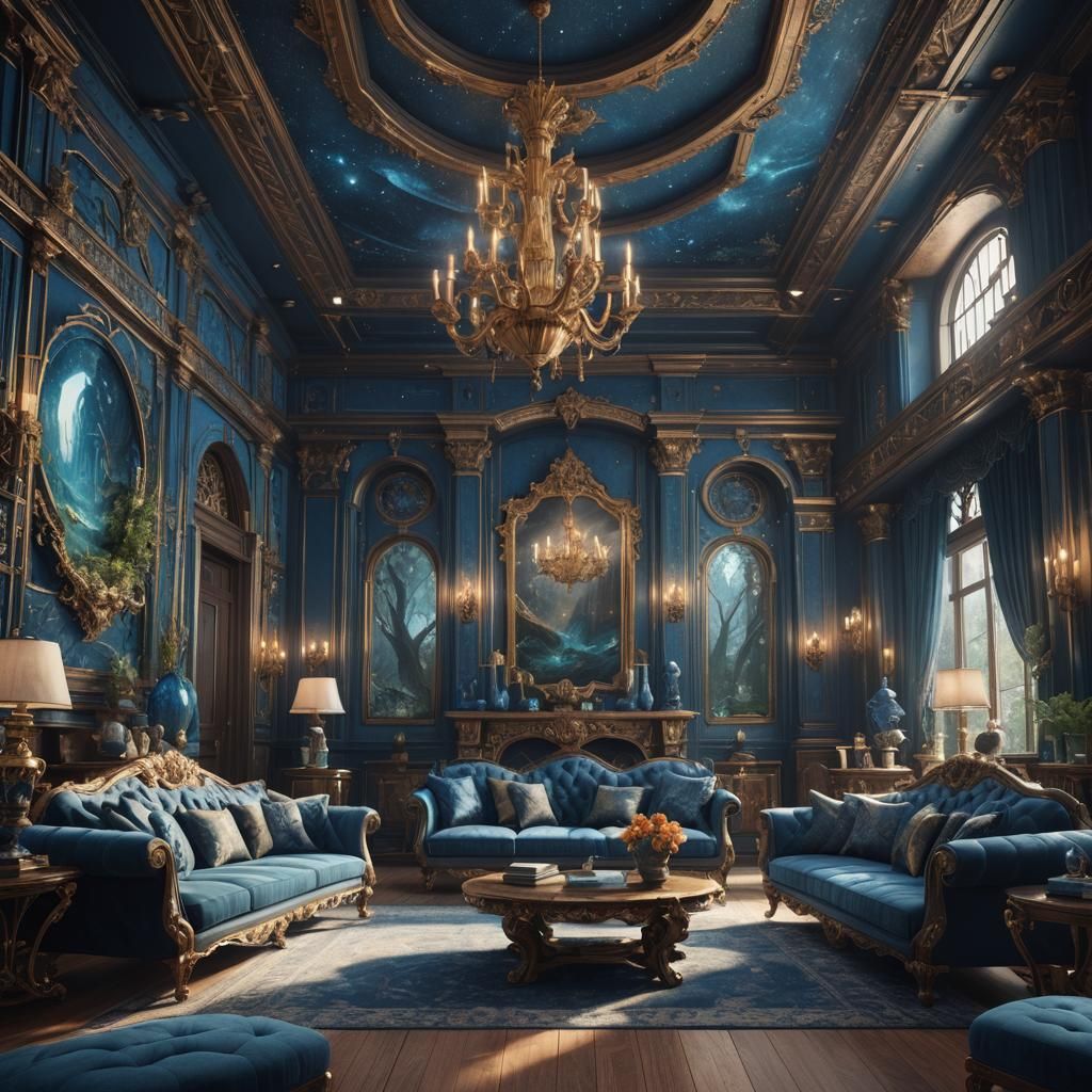 Cyan Living Room in Detailed Matte Painting Style