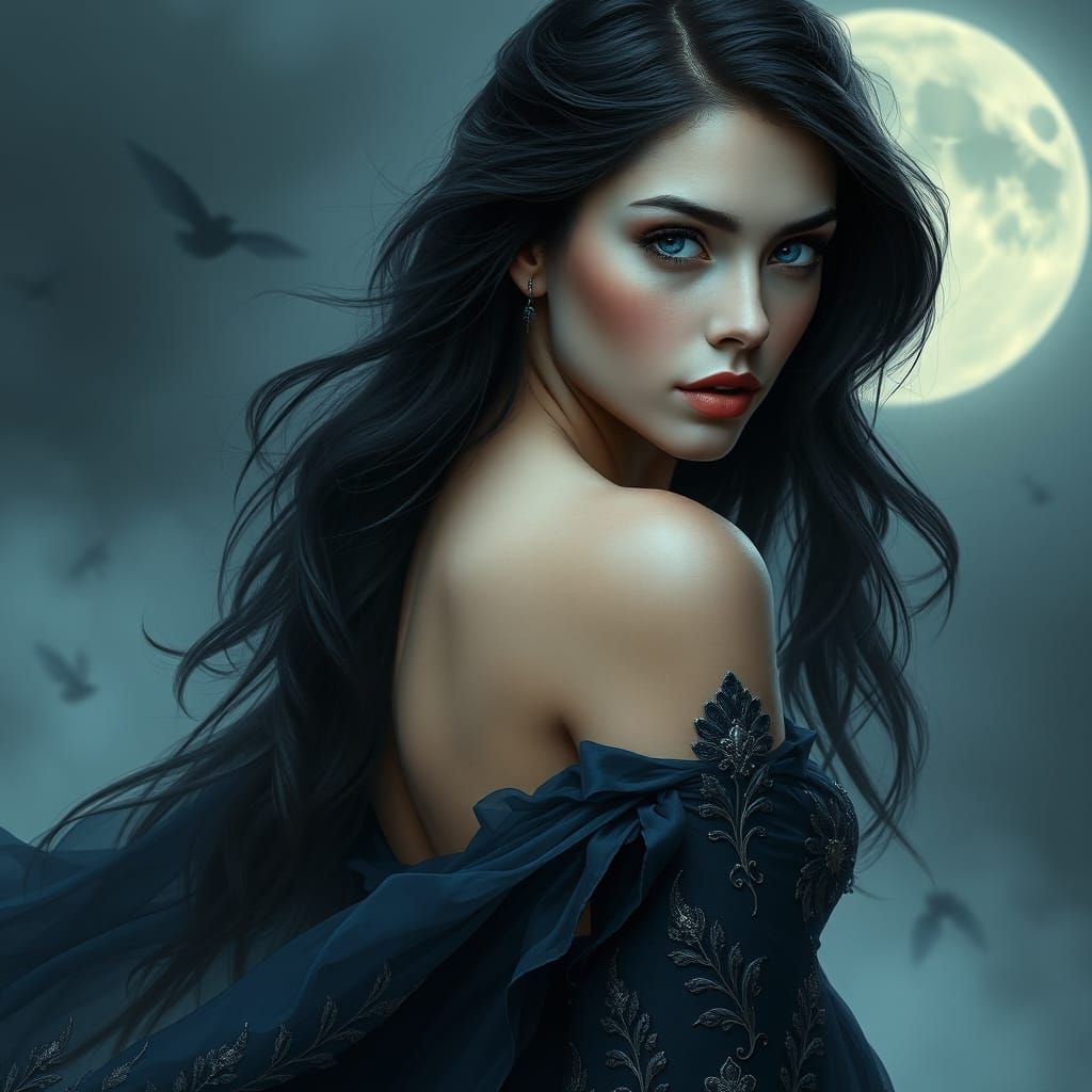 Mysterious Woman in Midnight Blue Gown with Piercing Blue Ey...