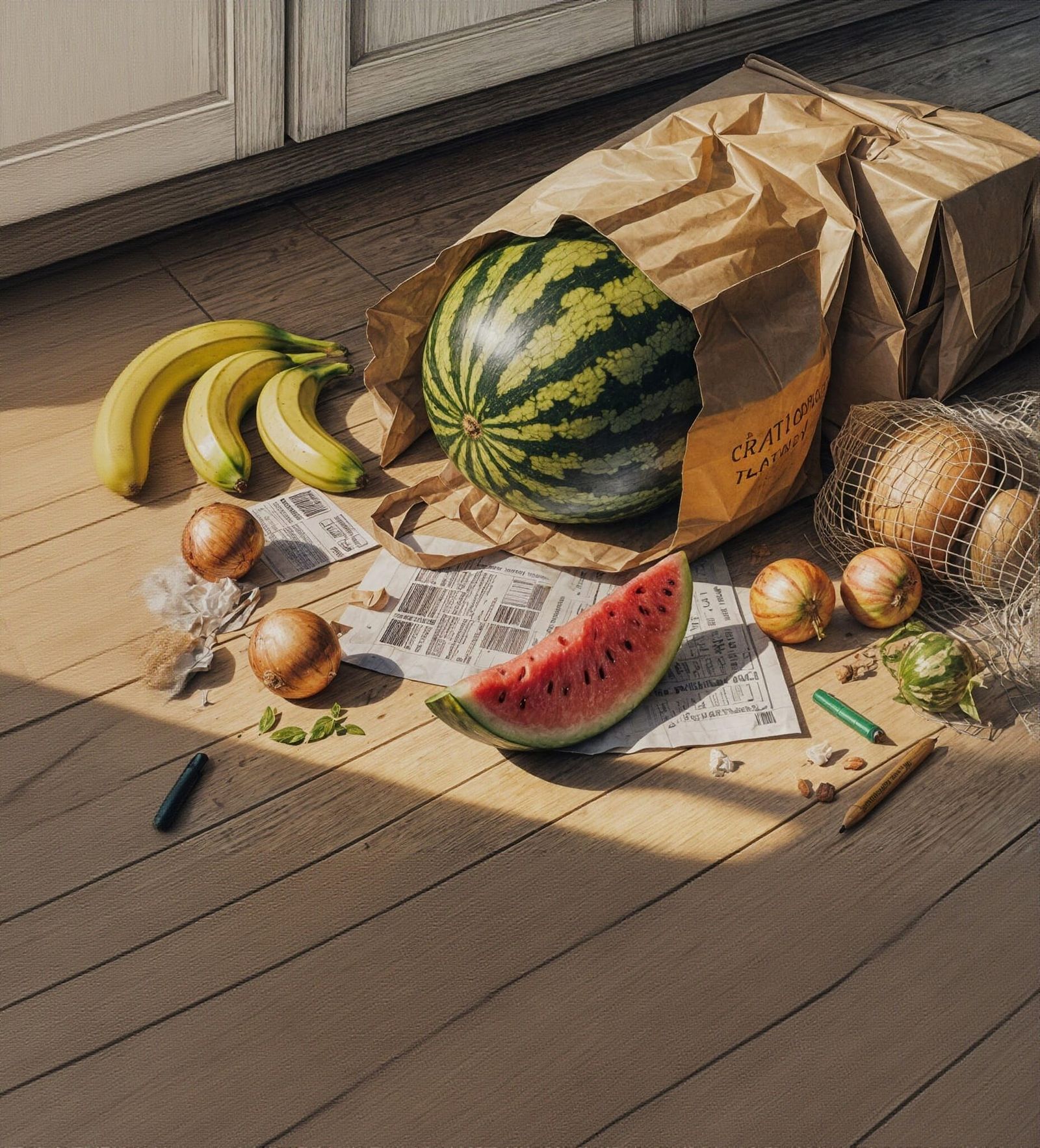 Watermelon Still Life with Groceries in Colored Pencil
