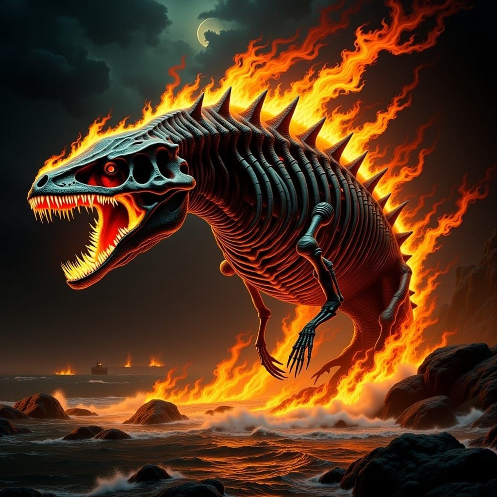 Flaming Skeletal Fish in Gothic Underwater Realm