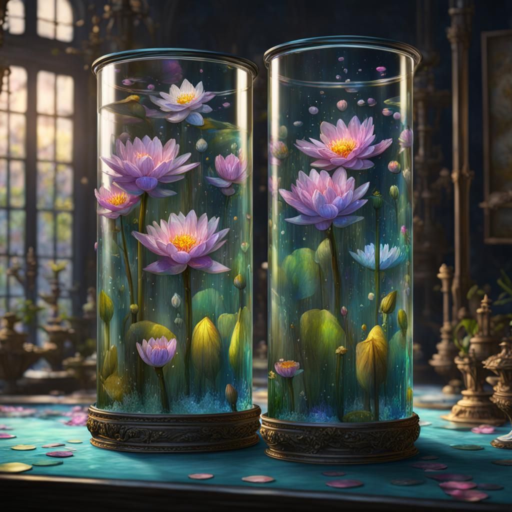 Water Lilies in Test Tubes: A Fantasy Art Piece