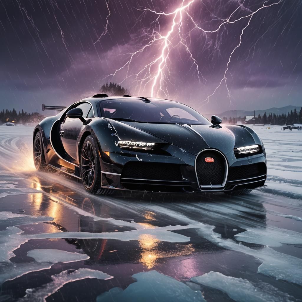 Bugatti Races on Ice in Electric Oil Painting